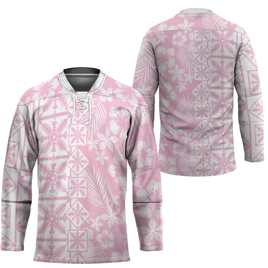 Pastel Pink Kahili Quilt Hawaii Hockey Jersey Tropical Flower Seamless Half Style