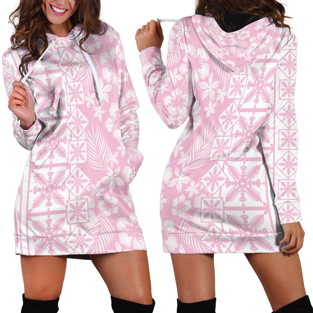 Pastel Pink Kahili Quilt Hawaii Hoodie Dress Tropical Flower Seamless Half Style LT14 - Polynesian Pride