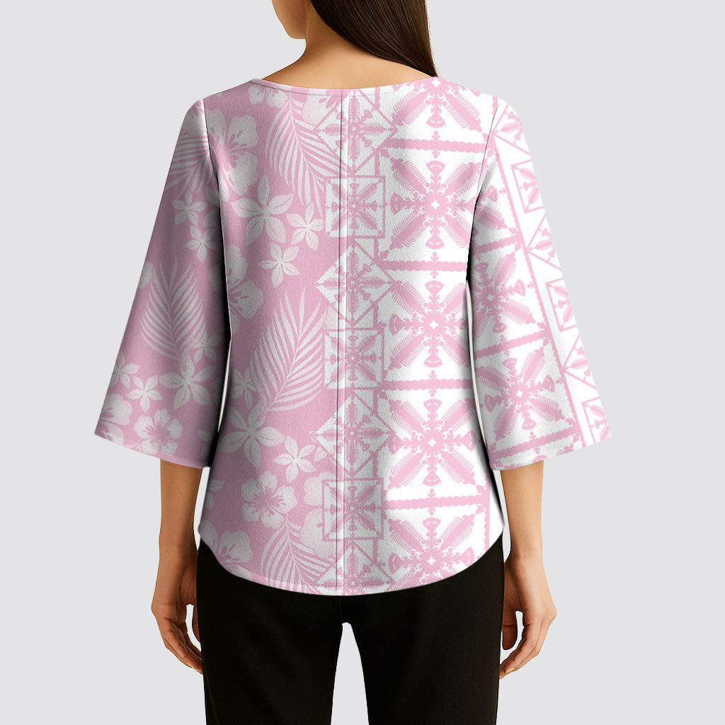 Pastel Pink Kahili Quilt Hawaii Kimono Sleeve Blouse Tropical Flower Seamless Half Style LT14 - Polynesian Pride