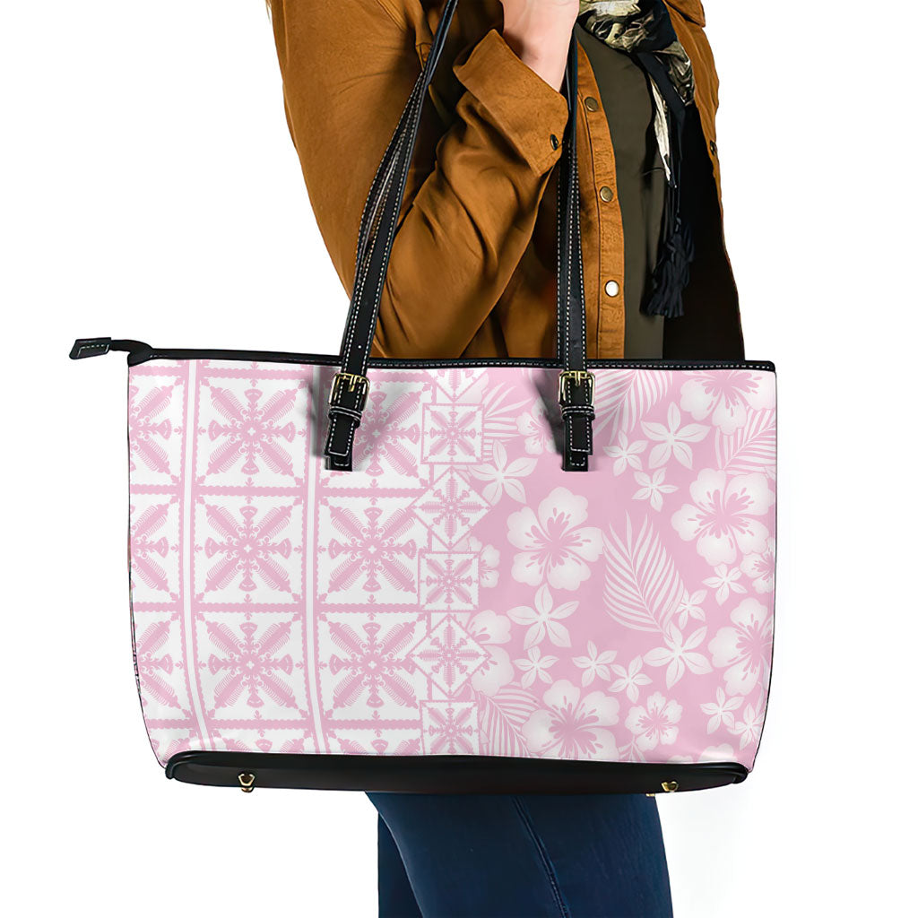 Pastel Pink Kahili Quilt Hawaii Leather Tote Bag Tropical Flower Seamless Half Style LT14 - Polynesian Pride