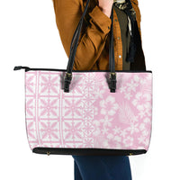 Pastel Pink Kahili Quilt Hawaii Leather Tote Bag Tropical Flower Seamless Half Style LT14 - Polynesian Pride