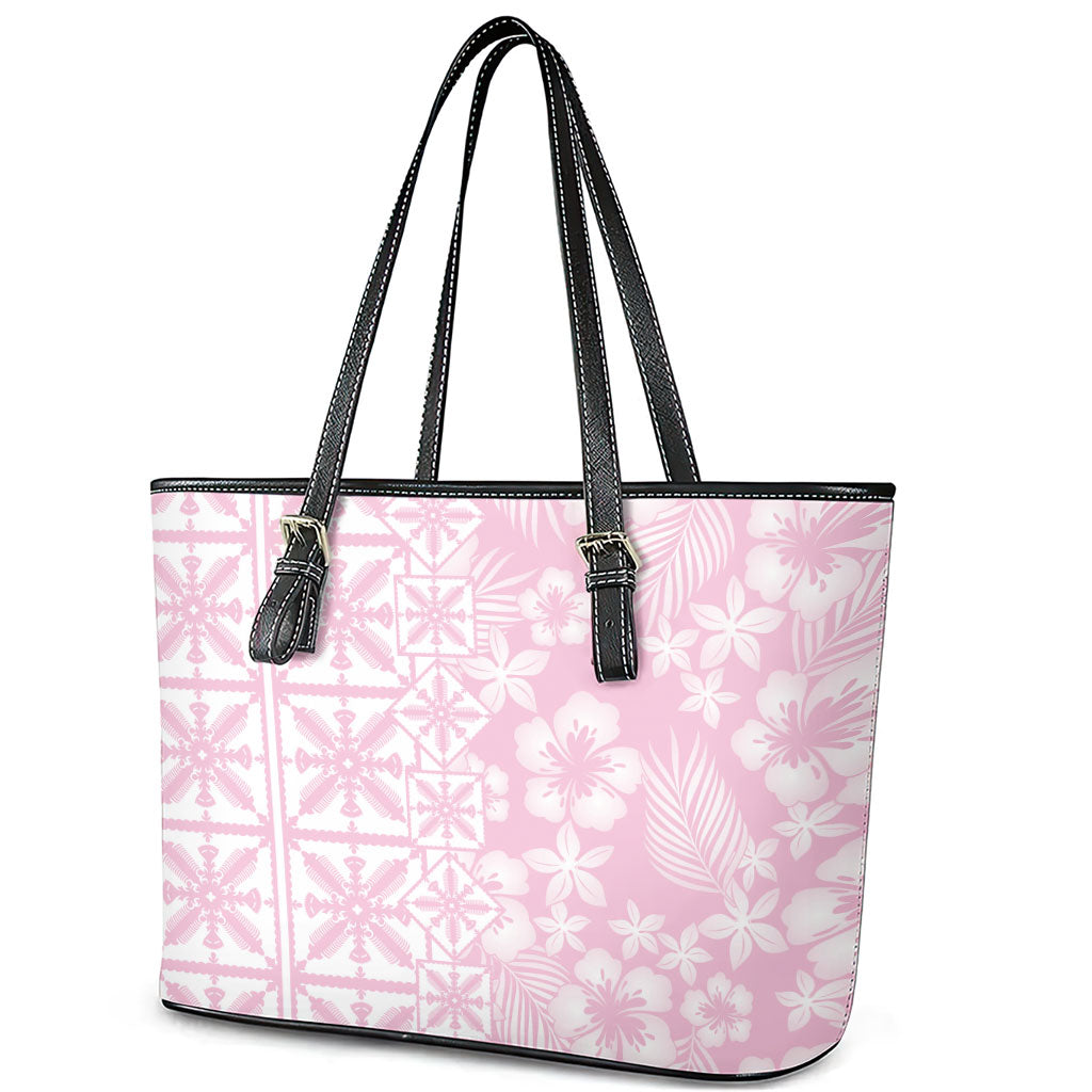 Pastel Pink Kahili Quilt Hawaii Leather Tote Bag Tropical Flower Seamless Half Style LT14 - Polynesian Pride