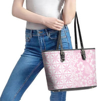 Pastel Pink Kahili Quilt Hawaii Leather Tote Bag Tropical Flower Seamless Half Style LT14 - Polynesian Pride