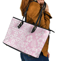 Pastel Pink Kahili Quilt Hawaii Leather Tote Bag Tropical Flower Seamless Half Style LT14 - Polynesian Pride
