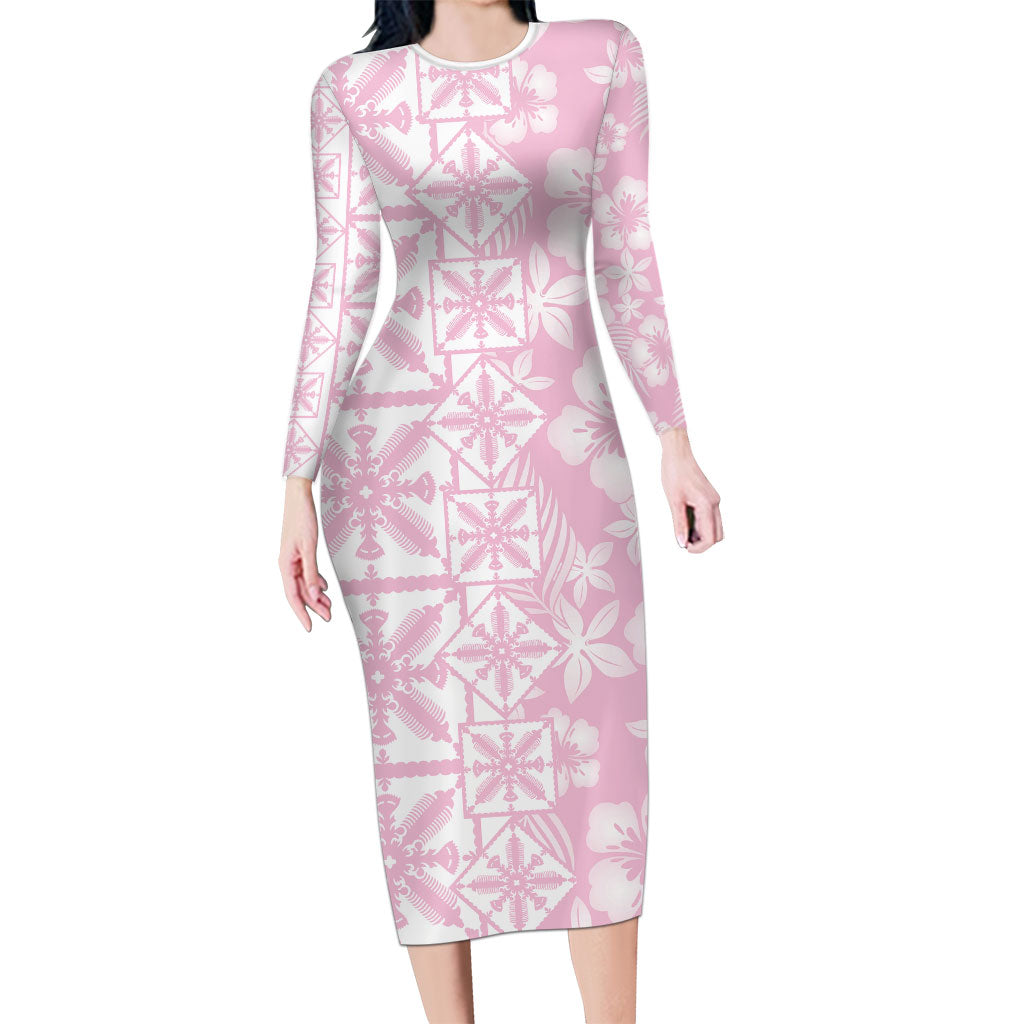 Pastel Pink Kahili Quilt Hawaii Long Sleeve Bodycon Dress Tropical Flower Seamless Half Style LT14 Long Dress Pink - Polynesian Pride