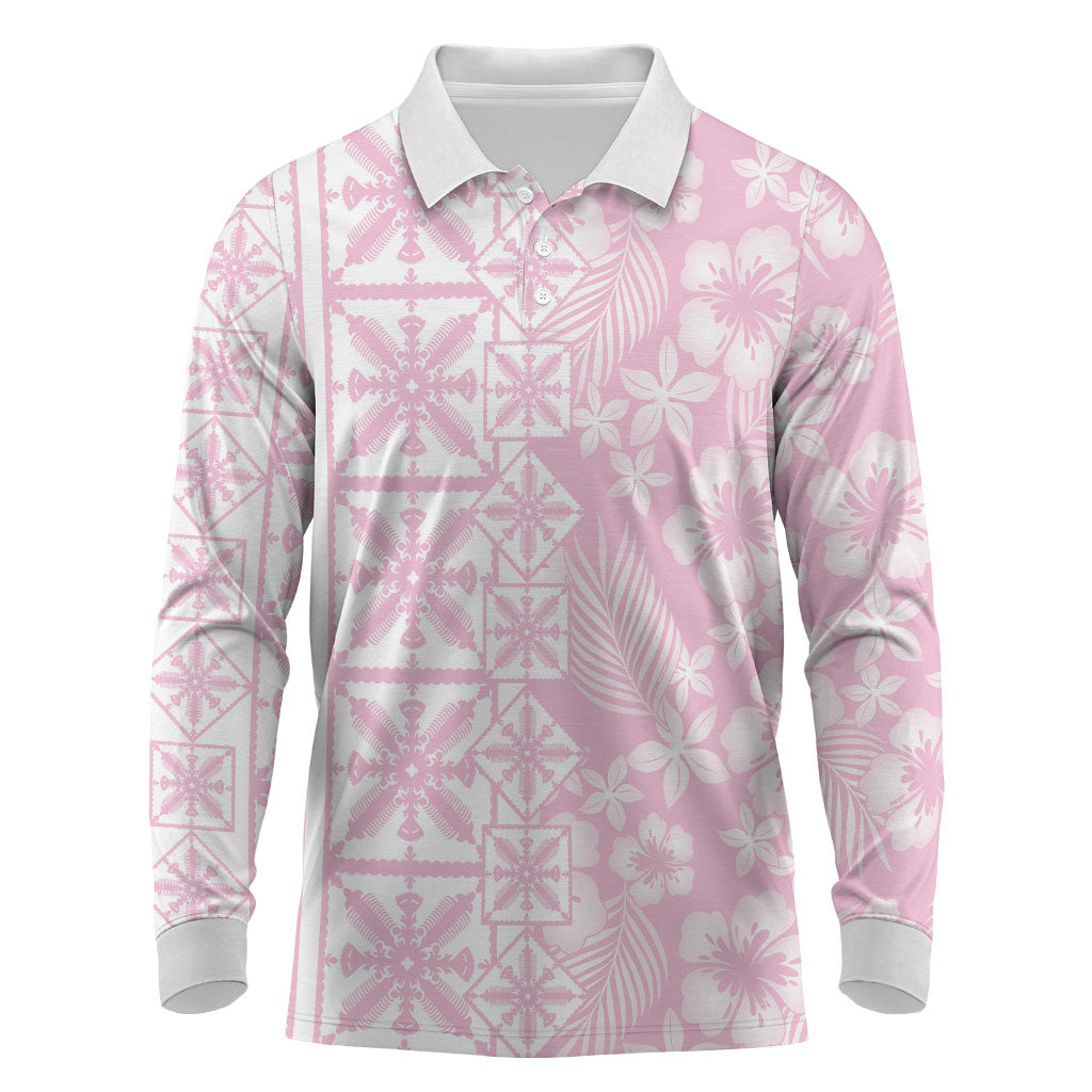 Pastel Pink Kahili Quilt Hawaii Long Sleeve Polo Shirt Tropical Flower Seamless Half Style LT14 Pink - Polynesian Pride