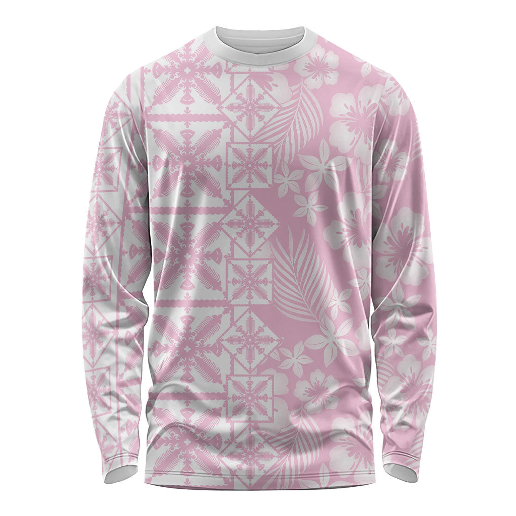 Pastel Pink Kahili Quilt Hawaii Long Sleeve Shirt Tropical Flower Seamless Half Style LT14 Unisex Pink - Polynesian Pride
