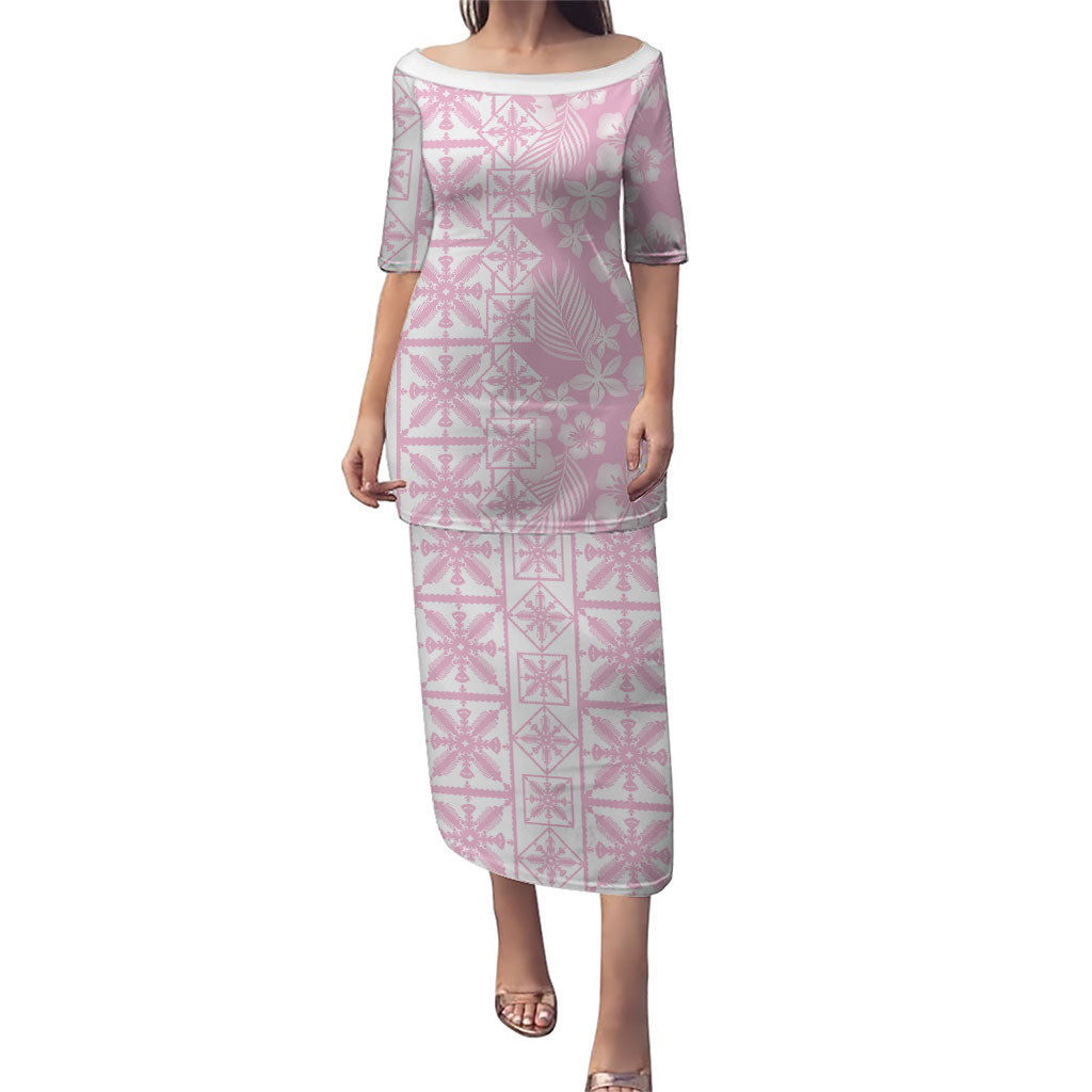 Pastel Pink Kahili Quilt Hawaii Puletasi Tropical Flower Seamless Half Style LT14 Long Dress Pink - Polynesian Pride