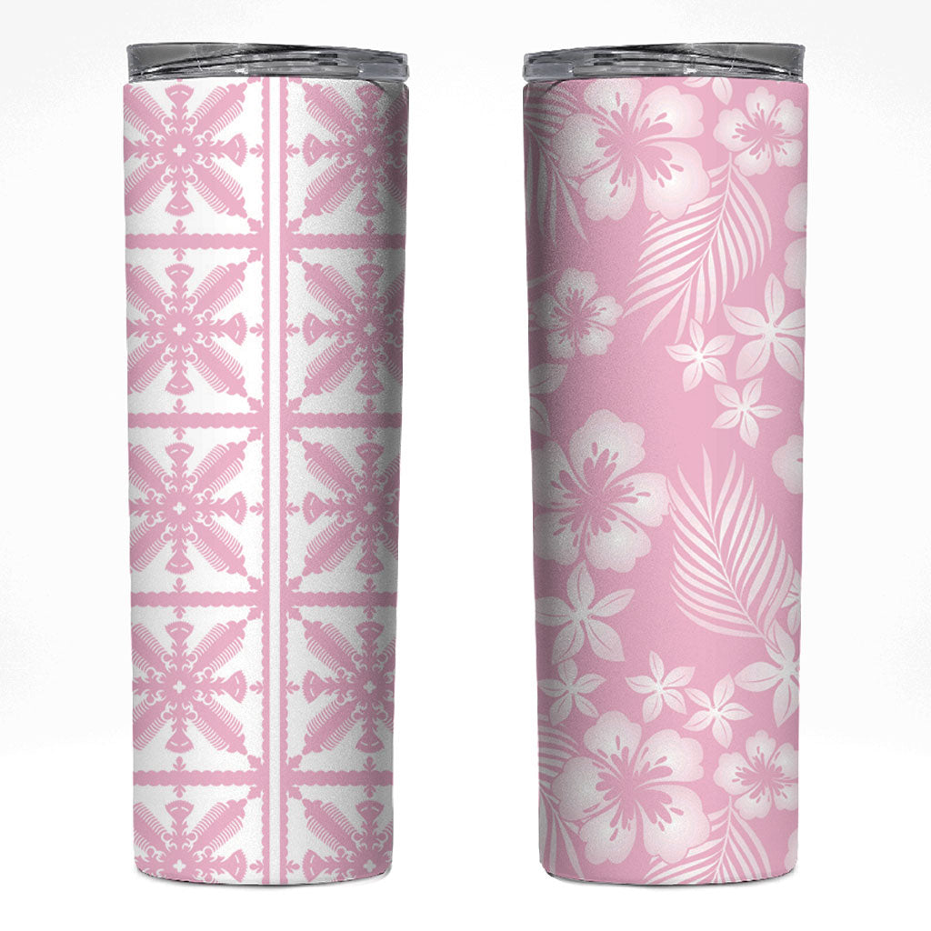 Pastel Pink Kahili Quilt Hawaii Skinny Tumbler Tropical Flower Seamless Half Style LT14 Pink - Polynesian Pride