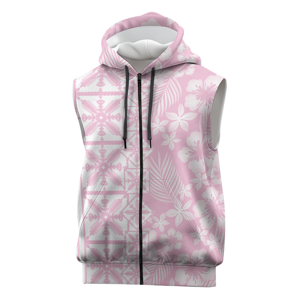 Pastel Pink Kahili Quilt Hawaii Sleeveless Zip Hoodie Tropical Flower Seamless Half Style LT14 Pink - Polynesian Pride