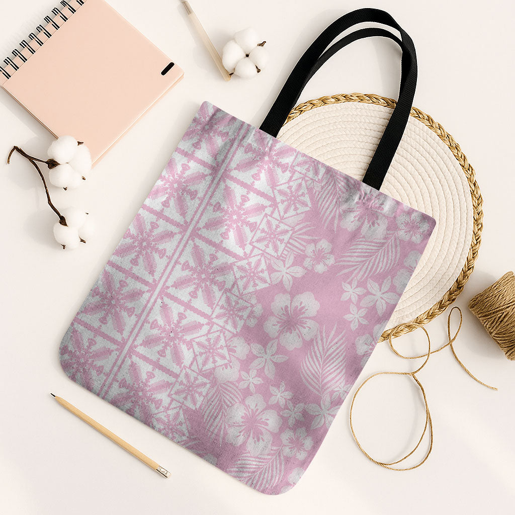 Pastel Pink Kahili Quilt Hawaii Tote Bag Tropical Flower Seamless Half Style