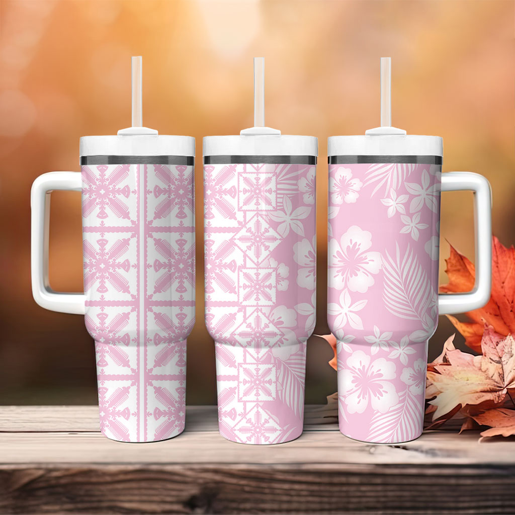 Pastel Pink Kahili Quilt Hawaii Tumbler With Handle Tropical Flower Seamless Half Style LT14 - Polynesian Pride