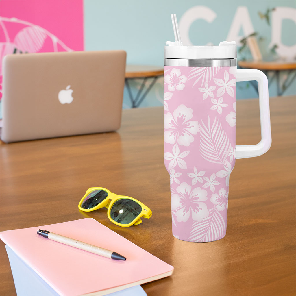Pastel Pink Kahili Quilt Hawaii Tumbler With Handle Tropical Flower Seamless Half Style LT14 - Polynesian Pride