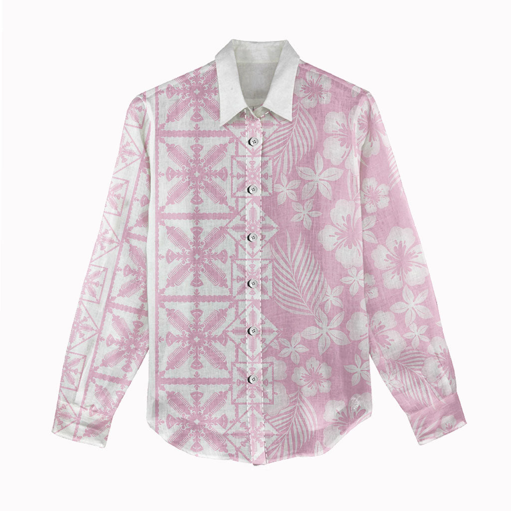 Pastel Pink Kahili Quilt Hawaii Women Casual Shirt Tropical Flower Seamless Half Style LT14 - Polynesian Pride