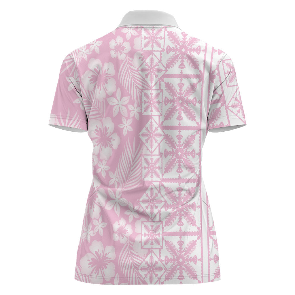 Pastel Pink Kahili Quilt Hawaii Women Polo Shirt Tropical Flower Seamless Half Style LT14 - Polynesian Pride