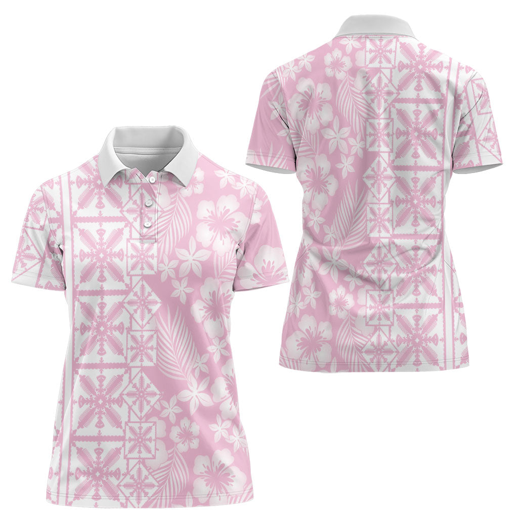 Pastel Pink Kahili Quilt Hawaii Women Polo Shirt Tropical Flower Seamless Half Style LT14 - Polynesian Pride