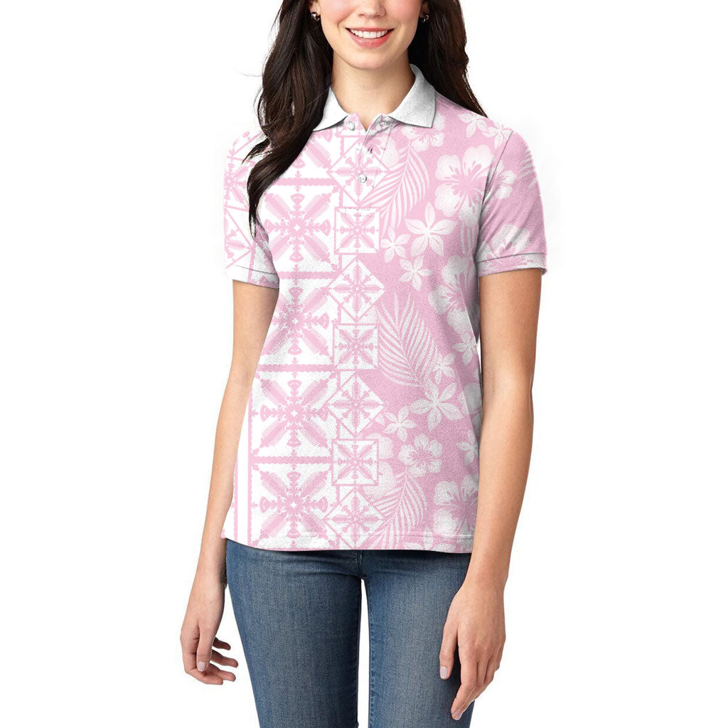 Pastel Pink Kahili Quilt Hawaii Women Polo Shirt Tropical Flower Seamless Half Style LT14 - Polynesian Pride