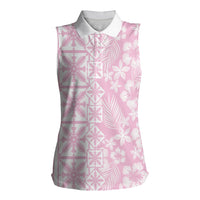 Pastel Pink Kahili Quilt Hawaii Women Sleeveless Polo Shirt Tropical Flower Seamless Half Style LT14 Female Pink - Polynesian Pride