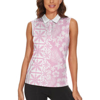 Pastel Pink Kahili Quilt Hawaii Women Sleeveless Polo Shirt Tropical Flower Seamless Half Style LT14 - Polynesian Pride