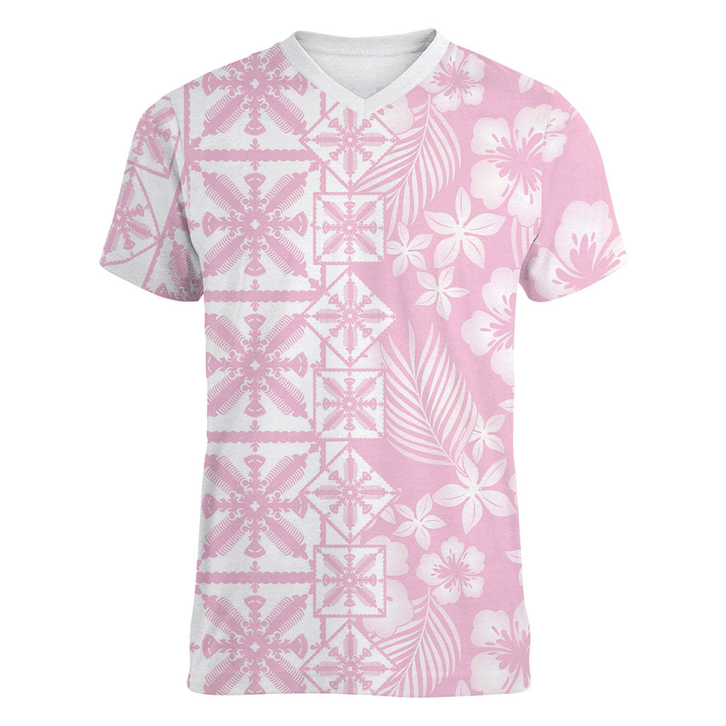 Pastel Pink Kahili Quilt Hawaii Women V-Neck T-Shirt Tropical Flower Seamless Half Style LT14 Female Pink - Polynesian Pride
