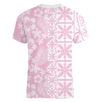 Pastel Pink Kahili Quilt Hawaii Women V-Neck T-Shirt Tropical Flower Seamless Half Style LT14 - Polynesian Pride