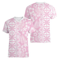 Pastel Pink Kahili Quilt Hawaii Women V-Neck T-Shirt Tropical Flower Seamless Half Style LT14 - Polynesian Pride
