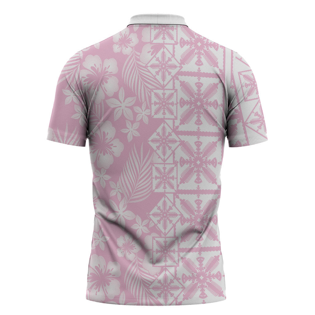 Pastel Pink Kahili Quilt Hawaii Zipper Polo Shirt Tropical Flower Seamless Half Style