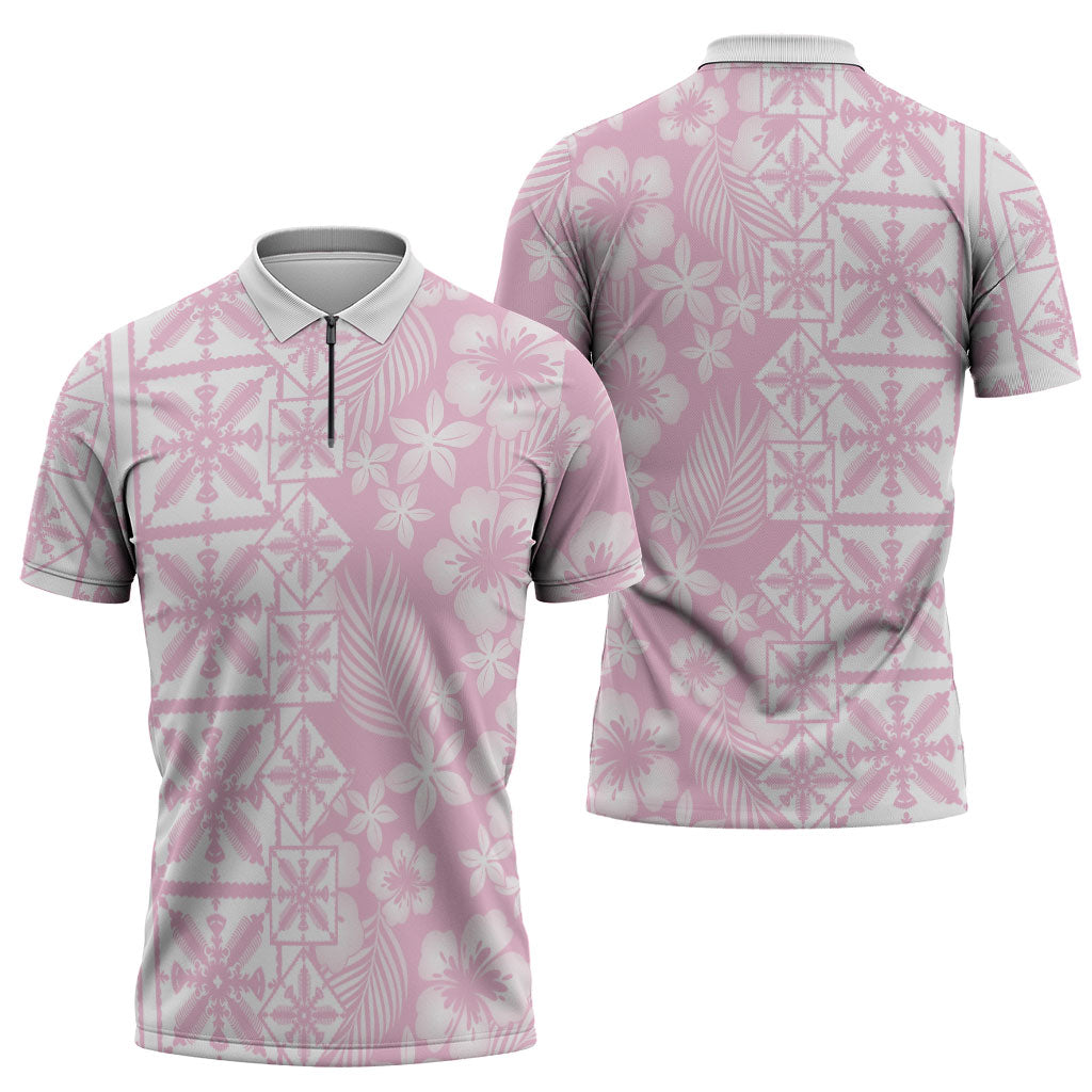 Pastel Pink Kahili Quilt Hawaii Zipper Polo Shirt Tropical Flower Seamless Half Style