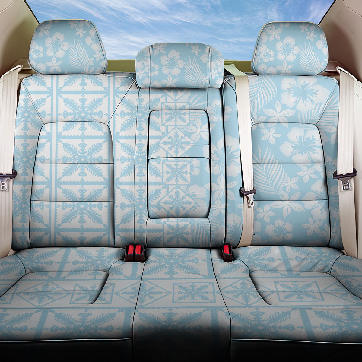 Pastel Blue Kahili Quilt Hawaii Back Car Seat Cover Tropical Flower Seamless Half Style LT14 One Size Blue - Polynesian Pride
