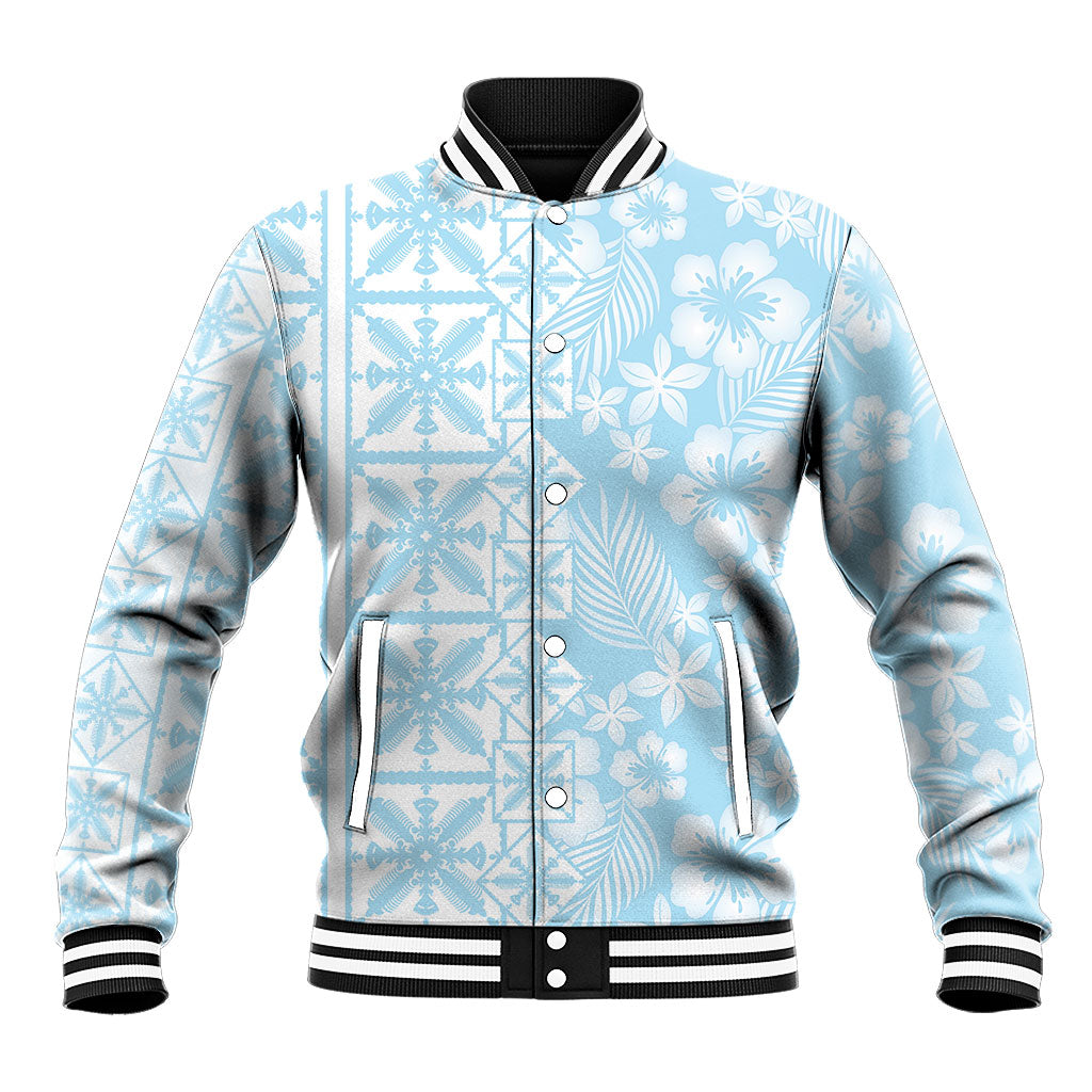 Pastel Blue Kahili Quilt Hawaii Baseball Jacket Tropical Flower Seamless Half Style LT14 Unisex Blue - Polynesian Pride