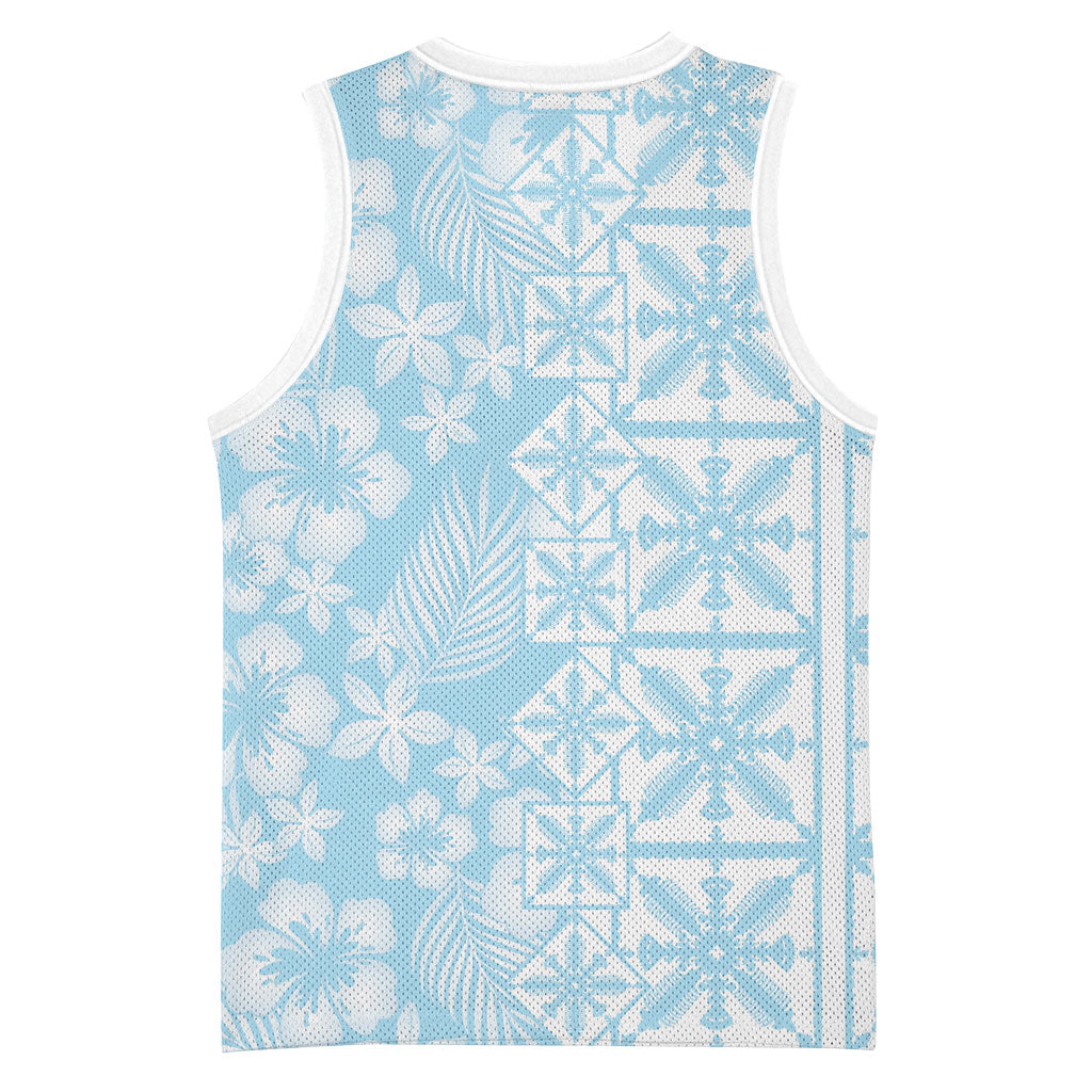 Pastel Blue Kahili Quilt Hawaii Basketball Jersey Tropical Flower Seamless Half Style LT14 - Polynesian Pride