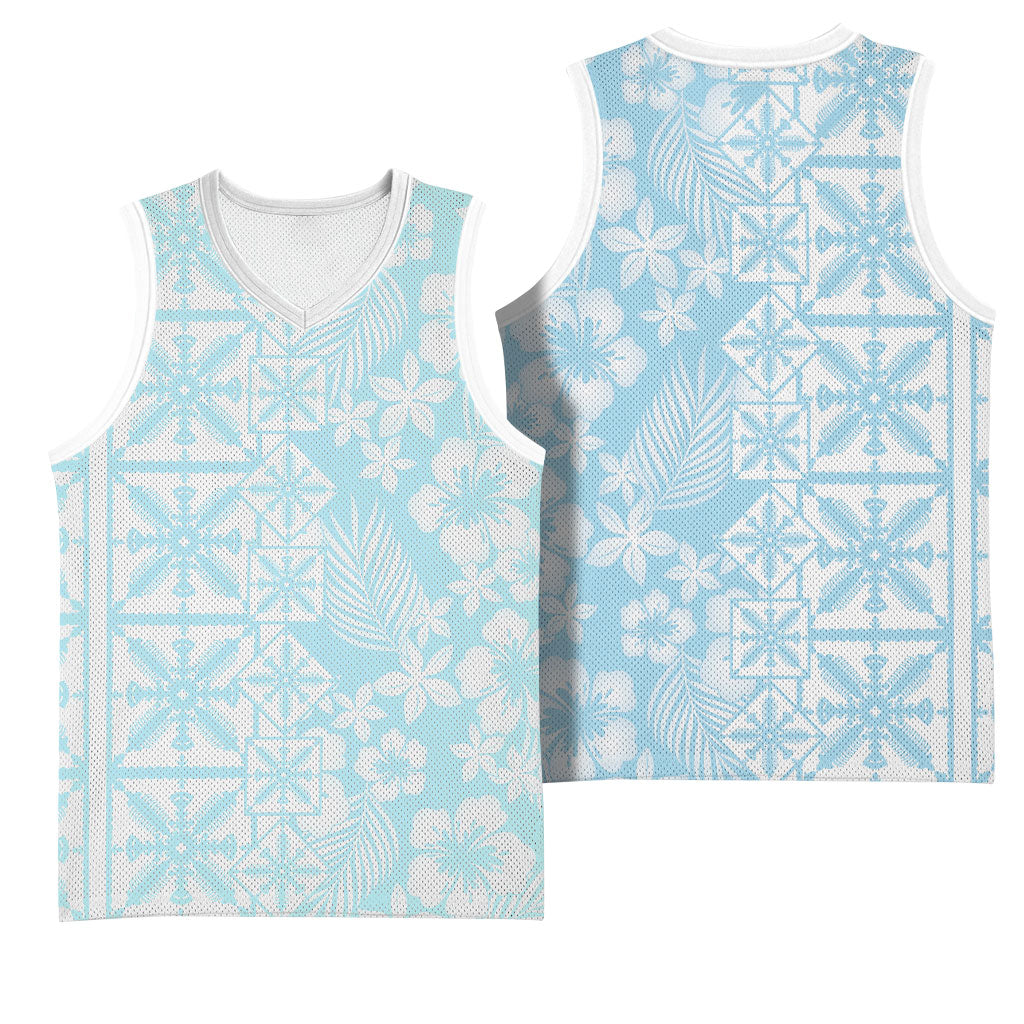 Pastel Blue Kahili Quilt Hawaii Basketball Jersey Tropical Flower Seamless Half Style LT14 - Polynesian Pride