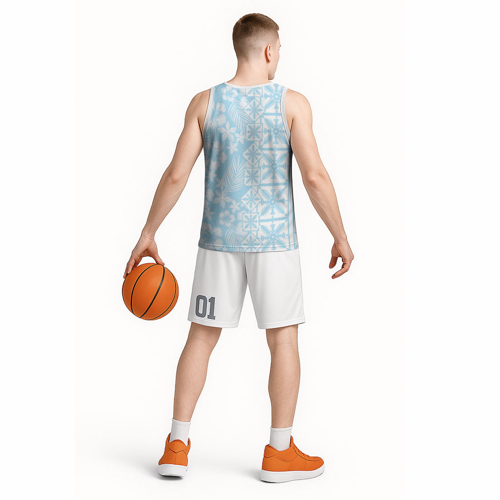 Pastel Blue Kahili Quilt Hawaii Basketball Jersey Tropical Flower Seamless Half Style LT14 - Polynesian Pride