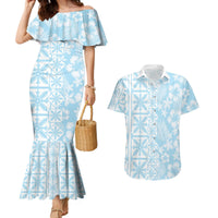 Pastel Blue Kahili Quilt Hawaii Couples Matching Mermaid Dress and Hawaiian Shirt Tropical Flower Seamless Half Style LT14 Blue - Polynesian Pride