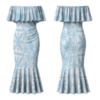 Pastel Blue Kahili Quilt Hawaii Couples Matching Mermaid Dress and Hawaiian Shirt Tropical Flower Seamless Half Style LT14 - Polynesian Pride