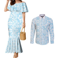 Pastel Blue Kahili Quilt Hawaii Couples Matching Mermaid Dress and Long Sleeve Button Shirt Tropical Flower Seamless Half Style LT14 Blue - Polynesian Pride