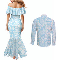 Pastel Blue Kahili Quilt Hawaii Couples Matching Mermaid Dress and Long Sleeve Button Shirt Tropical Flower Seamless Half Style LT14 - Polynesian Pride
