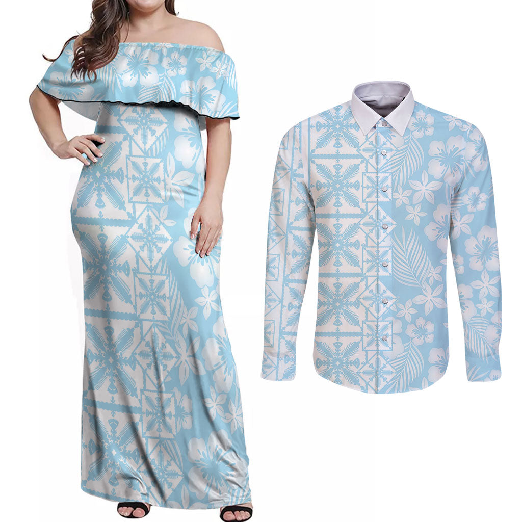 Pastel Blue Kahili Quilt Hawaii Couples Matching Off Shoulder Maxi Dress and Long Sleeve Button Shirt Tropical Flower Seamless Half Style LT14 Blue - Polynesian Pride