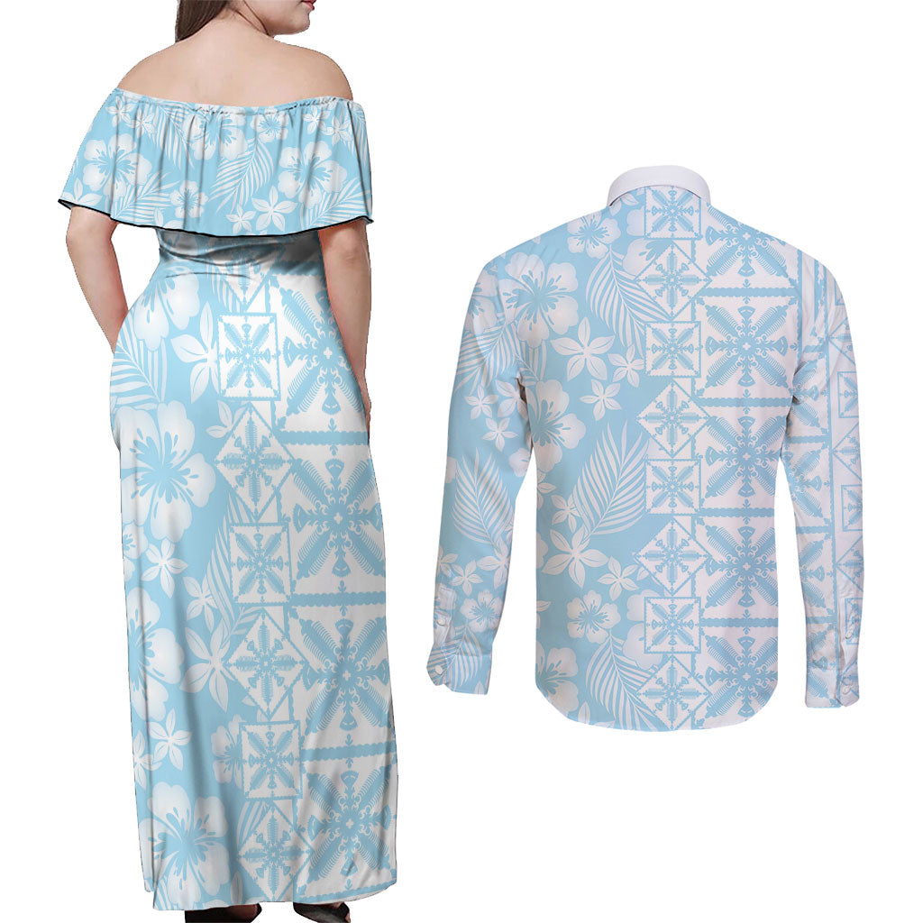 Pastel Blue Kahili Quilt Hawaii Couples Matching Off Shoulder Maxi Dress and Long Sleeve Button Shirt Tropical Flower Seamless Half Style LT14 - Polynesian Pride