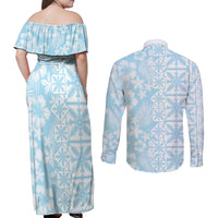 Pastel Blue Kahili Quilt Hawaii Couples Matching Off Shoulder Maxi Dress and Long Sleeve Button Shirt Tropical Flower Seamless Half Style LT14 - Polynesian Pride