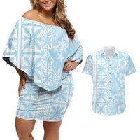 Pastel Blue Kahili Quilt Hawaii Couples Matching Off Shoulder Short Dress and Hawaiian Shirt Tropical Flower Seamless Half Style LT14 Blue - Polynesian Pride