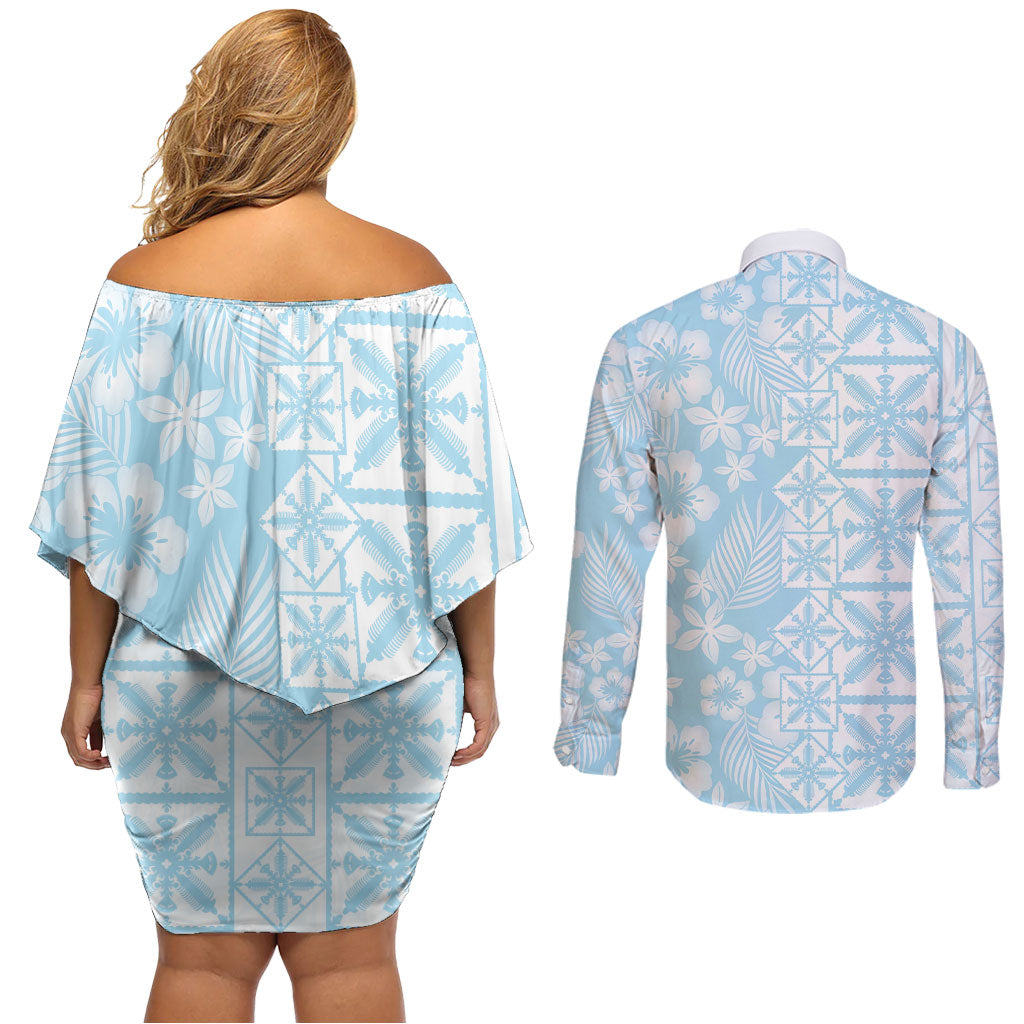 Pastel Blue Kahili Quilt Hawaii Couples Matching Off Shoulder Short Dress and Long Sleeve Button Shirt Tropical Flower Seamless Half Style LT14 - Polynesian Pride