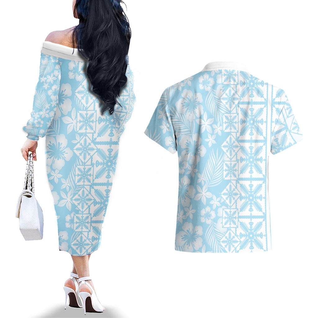 Pastel Blue Kahili Quilt Hawaii Couples Matching Off The Shoulder Long Sleeve Dress and Hawaiian Shirt Tropical Flower Seamless Half Style LT14 - Polynesian Pride