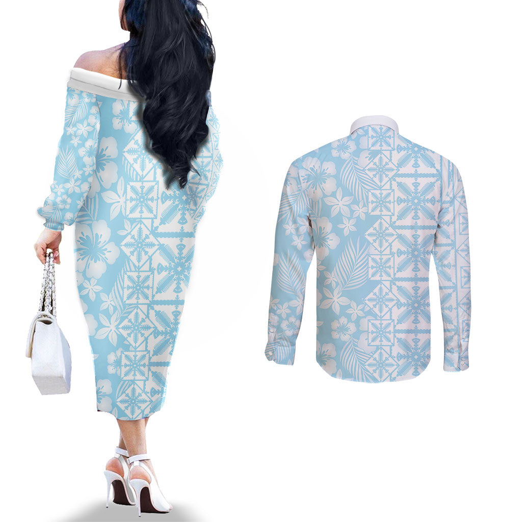 Pastel Blue Kahili Quilt Hawaii Couples Matching Off The Shoulder Long Sleeve Dress and Long Sleeve Button Shirt Tropical Flower Seamless Half Style LT14 - Polynesian Pride