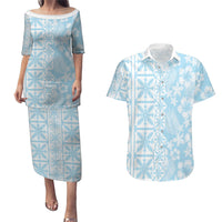 Pastel Blue Kahili Quilt Hawaii Couples Matching Puletasi and Hawaiian Shirt Tropical Flower Seamless Half Style LT14 Blue - Polynesian Pride