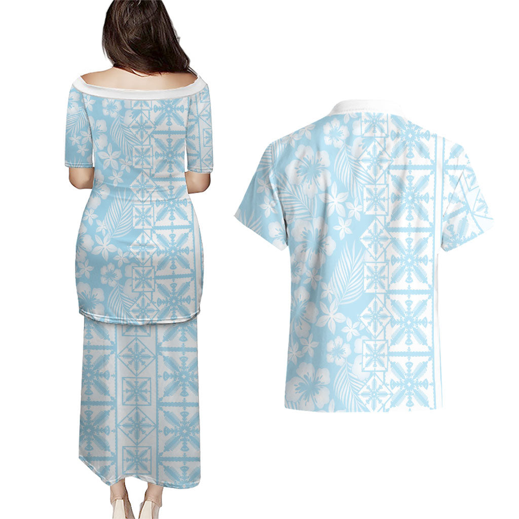 Pastel Blue Kahili Quilt Hawaii Couples Matching Puletasi and Hawaiian Shirt Tropical Flower Seamless Half Style LT14 - Polynesian Pride