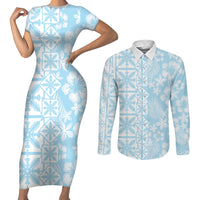 Pastel Blue Kahili Quilt Hawaii Couples Matching Short Sleeve Bodycon Dress and Long Sleeve Button Shirt Tropical Flower Seamless Half Style LT14 Blue - Polynesian Pride
