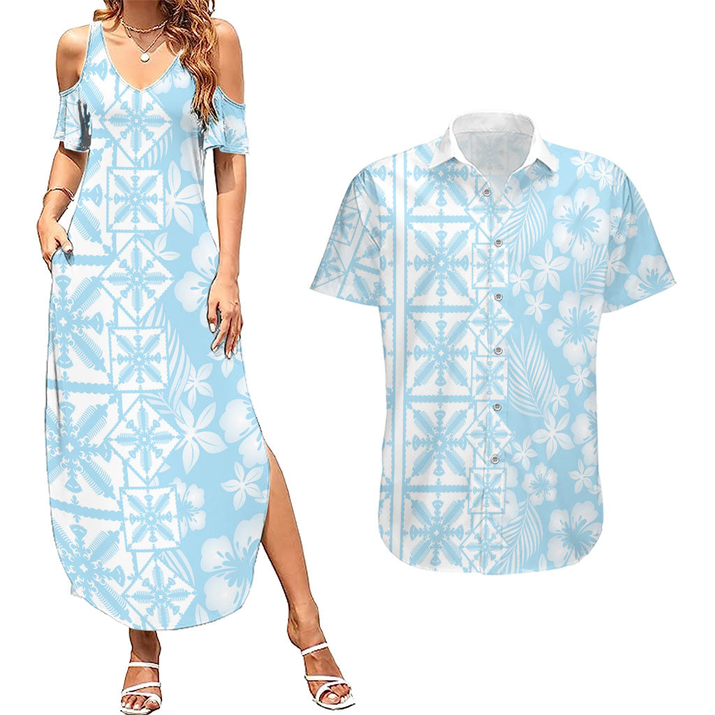Pastel Blue Kahili Quilt Hawaii Couples Matching Summer Maxi Dress and Hawaiian Shirt Tropical Flower Seamless Half Style LT14 Blue - Polynesian Pride