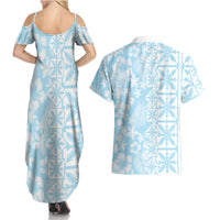 Pastel Blue Kahili Quilt Hawaii Couples Matching Summer Maxi Dress and Hawaiian Shirt Tropical Flower Seamless Half Style LT14 - Polynesian Pride
