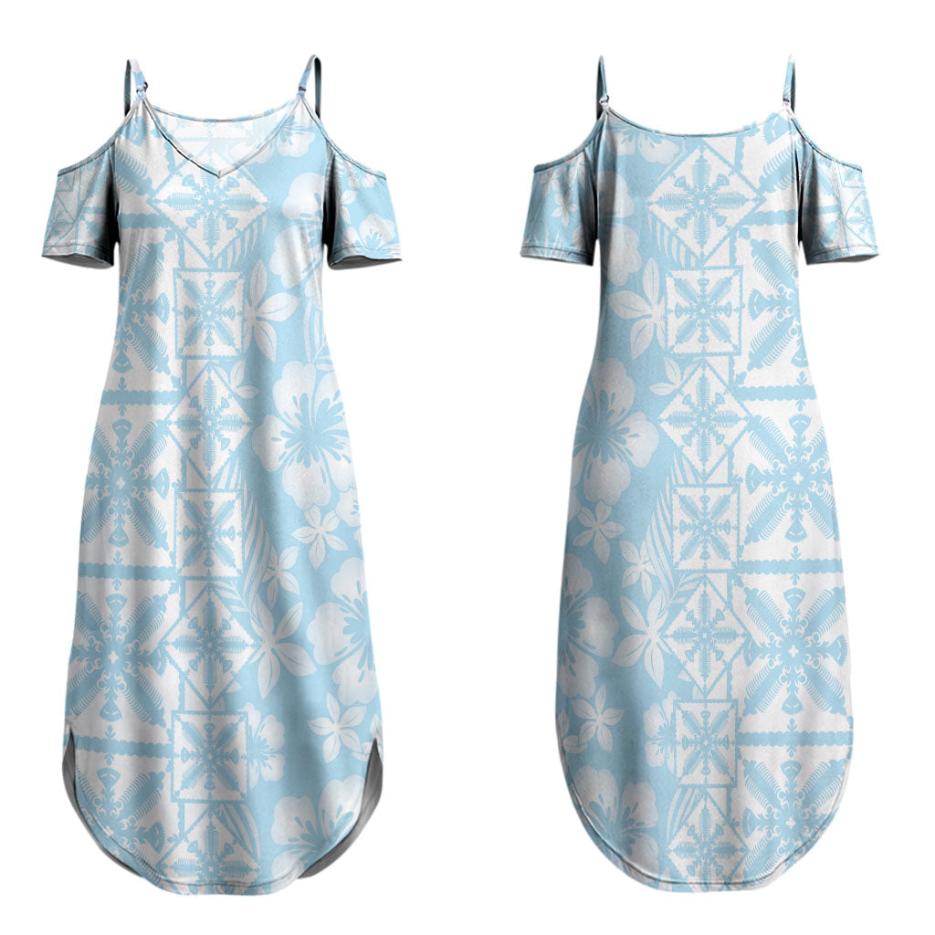 Pastel Blue Kahili Quilt Hawaii Couples Matching Summer Maxi Dress and Hawaiian Shirt Tropical Flower Seamless Half Style LT14 - Polynesian Pride